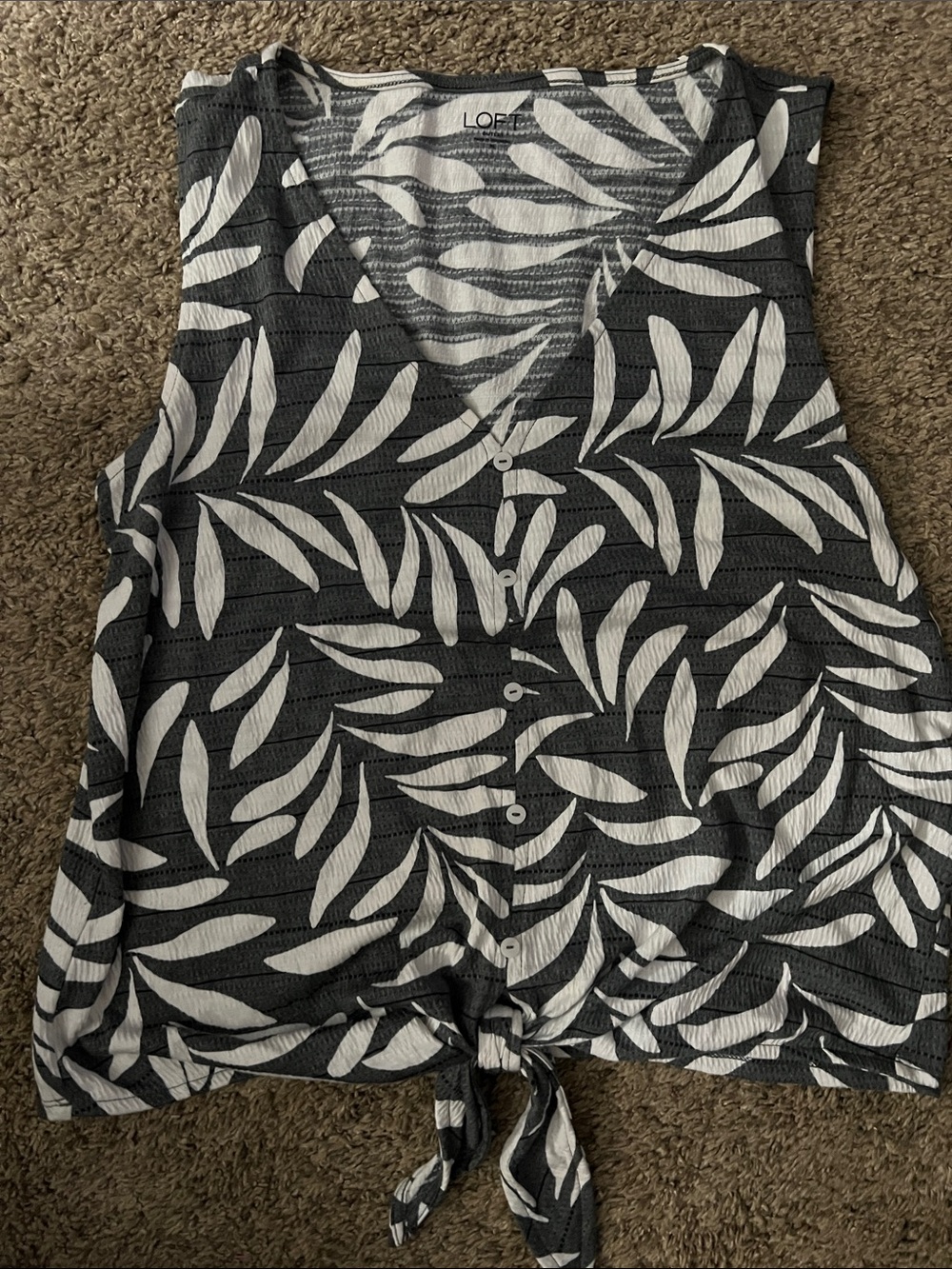 LOFT Grey & White Leaf Tie-Hem Sleeveless Blouse